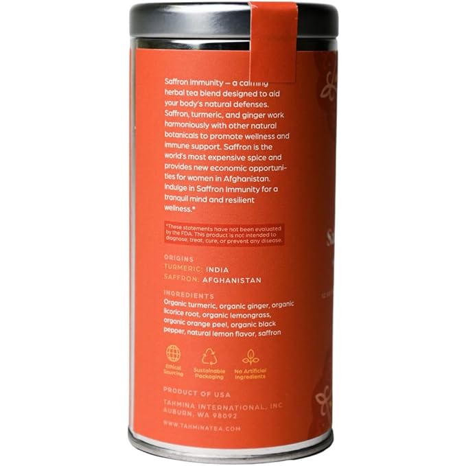 Tahmina Saffron Immunity Caffeine Free Tea: Calming Turmeric and Ginger with Afghan Saffron, 12 Biodegradable Pyramid Tea Bags, Makes 36 Cups of Tea (1 Pack)