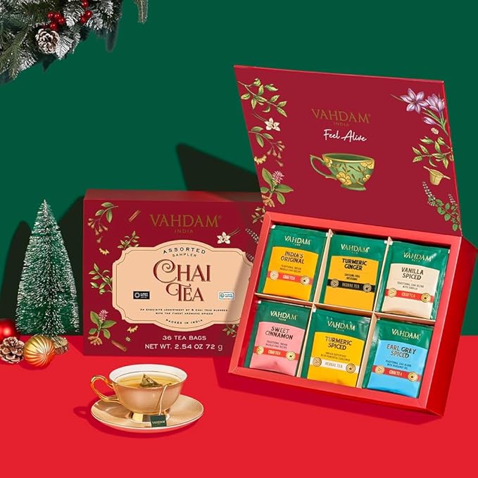 VAHDAM, Assorted Chai Tea Variety Pack (6 Delicious Flavors, 36 Eco Friendly Pyramid Tea Bags) Caffeinated, Gluten Free, Non GMO | Indian Masala Chai Tea Blends | Christmas Tea Gift Sets