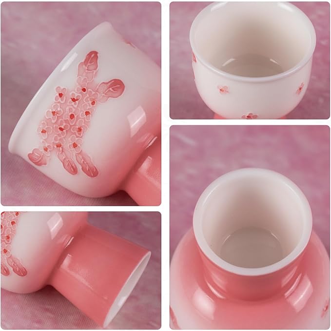 KAMMAK Tea Cup, 2oz Small Tea Cups, Porcelain Tea Cups Set with Short Stem, Cute Ceramic Teacups for Home, Party, Office, Chinese Kungfu Tea Set for Hot/Cold Drink (Pink Pile Flowe)