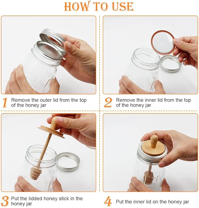 2pcs Wooden Mason Jar Honey Dipper with Lids Set - Honey Dipper Wooden Stick for Regular Mouth Mason Jars, Honey Spoon Honeycomb Lids for Regular Mouth 16 oz Mason, Ball Jars (Jar is not included)