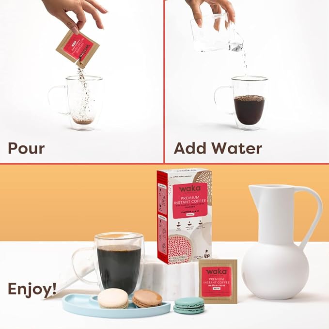 Waka Premium Decaf Instant Coffee Sachets — 100% Arabica Freeze Dried Beans — For Hot or Iced Coffee (8 Count, Decaf Medium Roast)