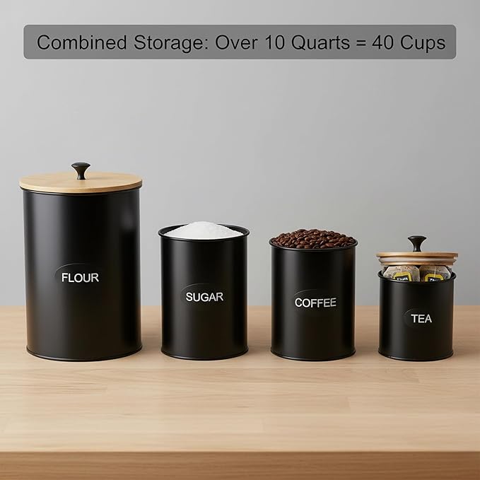 Modern Kitchen Canister Set, Black Metal with Bamboo Lids, Airtight Food Storage Containers, Set of 4, Chalkboard Labels