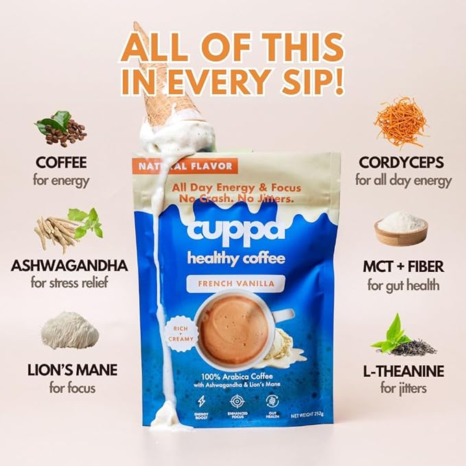 Cuppa French VanillaHealthy Mushroom Instant Coffee with Lion's Mane & Ashwagandha for All Day Energy & Focus - No Crash or Jitters - Nootropics for Brain Health, Gut Health, Immunity, Stress, Memory + Mood - 60 Servings