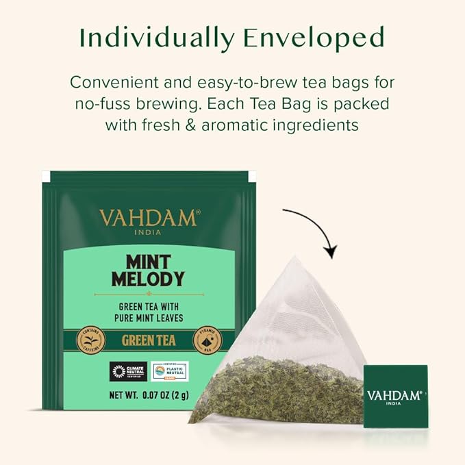 VAHDAM, Mint Green Tea Bags (30 Count) 100% Pure Leaf Tea, High Grown, Low Caffeine, Non GMO, Gluten Free | Individually Wrapped Plant-Based Pyramid Tea Bags | Direct from Source