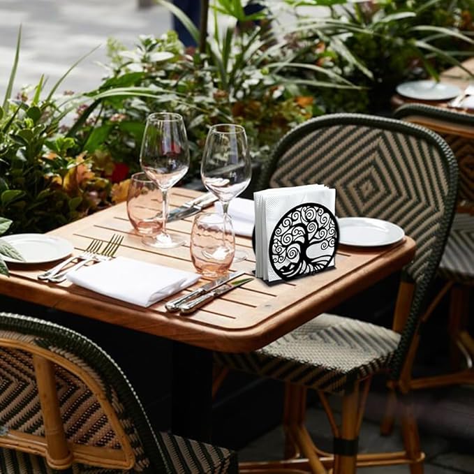 Tree of Life Decorative Black Metal Napkin Holder for Table, 5.3" x 4.9" x 1.9" Tree Standing Napkin Holder for Home Kitchen Restaurant Picnic Party Coffee Bar Dining Room
