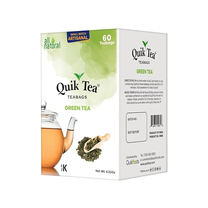 QuikTea Green Tea Bags - 60 Count - All Natural, Preservative Free - Non-GMO - Easy To Brew Green Tea Bags