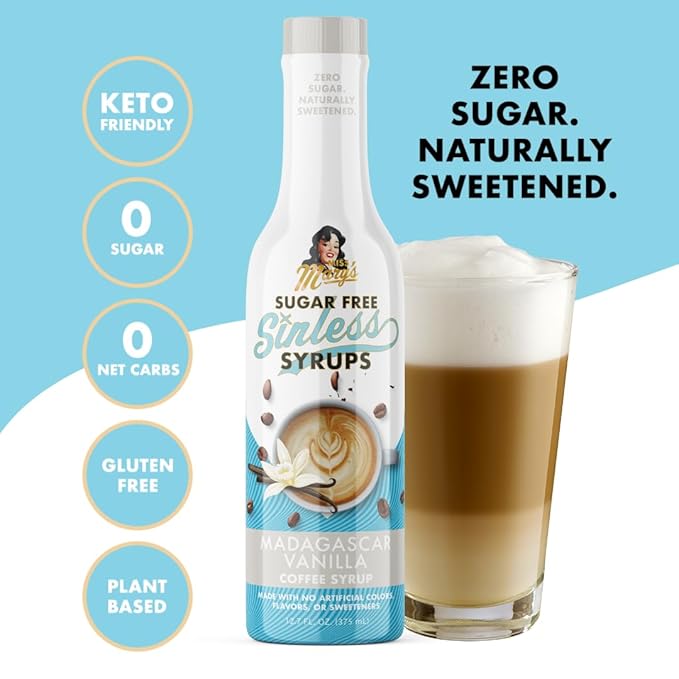 Miss Mary's Madagascar Vanilla Sugar Free Coffee Syrup- Stevia Based, No Sugar Alcohols or Sucralose, No Artificial Sweeteners, Natural Ingredients, Coffee Tea Cocoa Dessert, Keto Friendly, 1 Pack