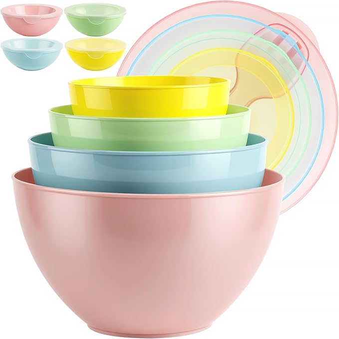 8 Piece Plastic Mixing Bowls with Lids Set - Microwave Safe Kitchen Plastic Bowls for Preparing, Serving and Storing - Dishwasher Safe Large Nesting Mxing Bowl Set Bowls with Mixing Spoon and Fork