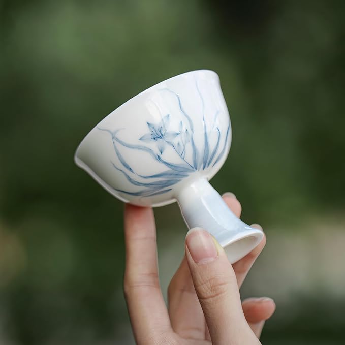 KAMMAK Tea Cup, 2.5oz Small Tea Cups Set of 2, White Porcelain Tea Set with Short Stem for Hot/Cold Drink, Pink and Blue Floral Ceramic Teacups, Chinese Kungfu Tea Cups for Home, Tea Party, Office