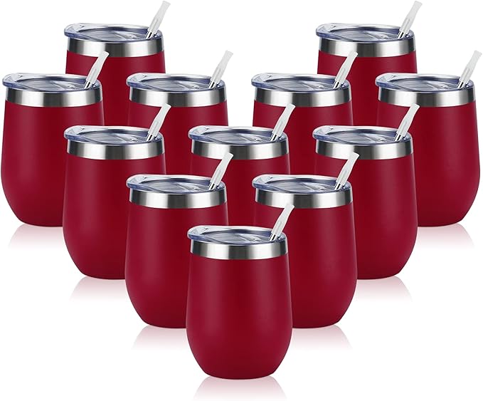 12 Pack Stainless Steel Wine Tumblers, 12Oz Double Wall Vacuum Insulated Wine Tumblers with Lids and Straws, Stainless Steel Stemless Wine Glasses for Coffee, Wine, Cocktails, Champaign, Wine Red…