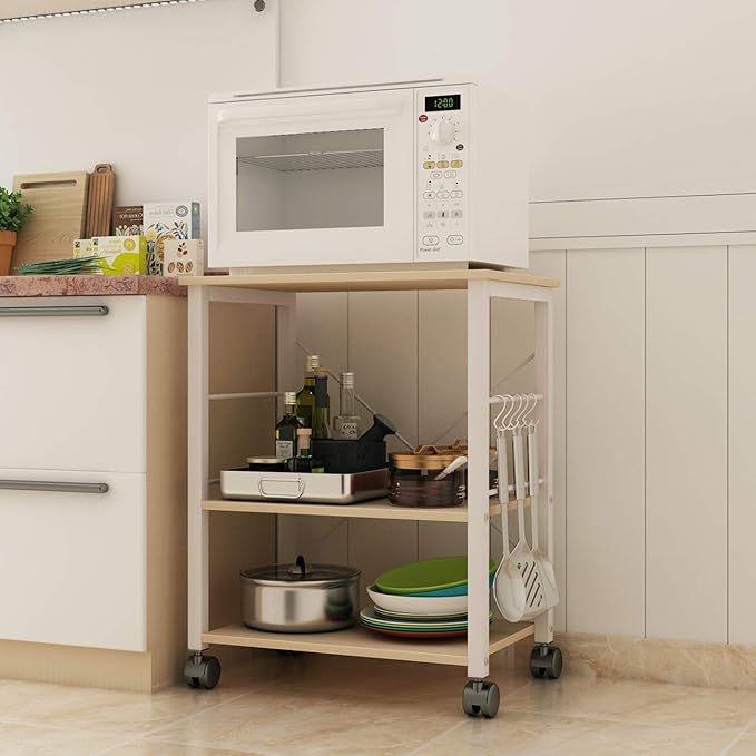 DlandHome Standing Baker's Racks Appliance Table Small Rolling Kitchen Cart Microwave Cart Stand, 3-Tier Kitchen Baker's Rack Utility Cart Microwave Stand Kitchen Shelf, W4-Maple