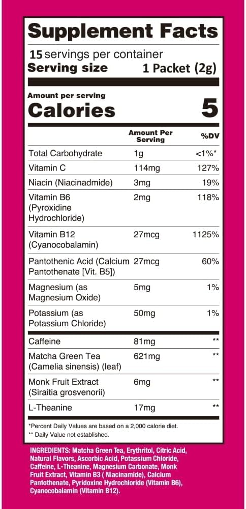 Ujido Matcha Energy Packets, Strawberry Flavor, Sugar-Free, Monkfruit, Non-GMO, Antioxidant, Keto & Vegan, 2g x 15 Count