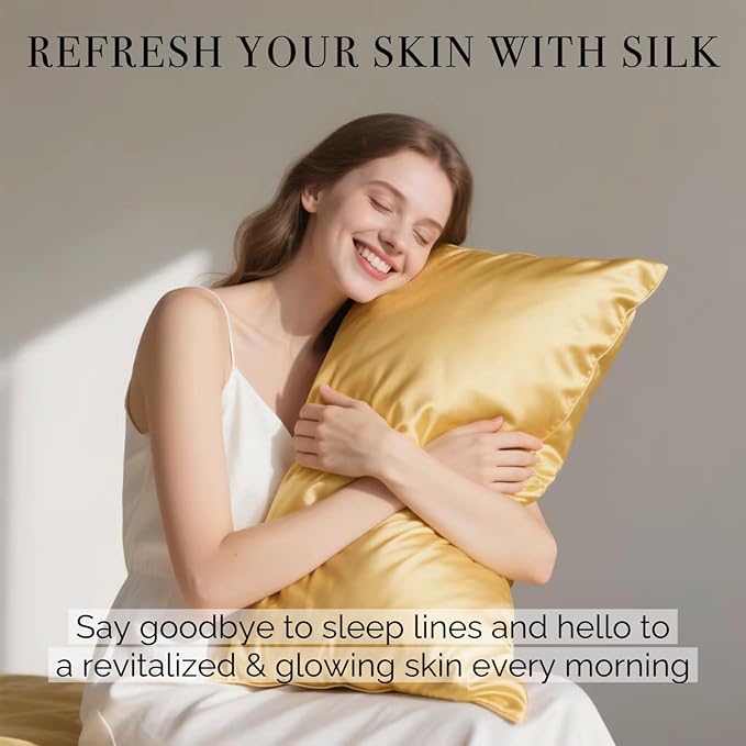 Ravmix Silk Pillow Cases with Zipper, 21momme Mulberry Silk Pillowcase for Hair Skin Health, Soft Smooth Breathable Cool Pillow Cover for Beauty Sleep with Gift Box 1PC(Standard 20"x26", Gold)