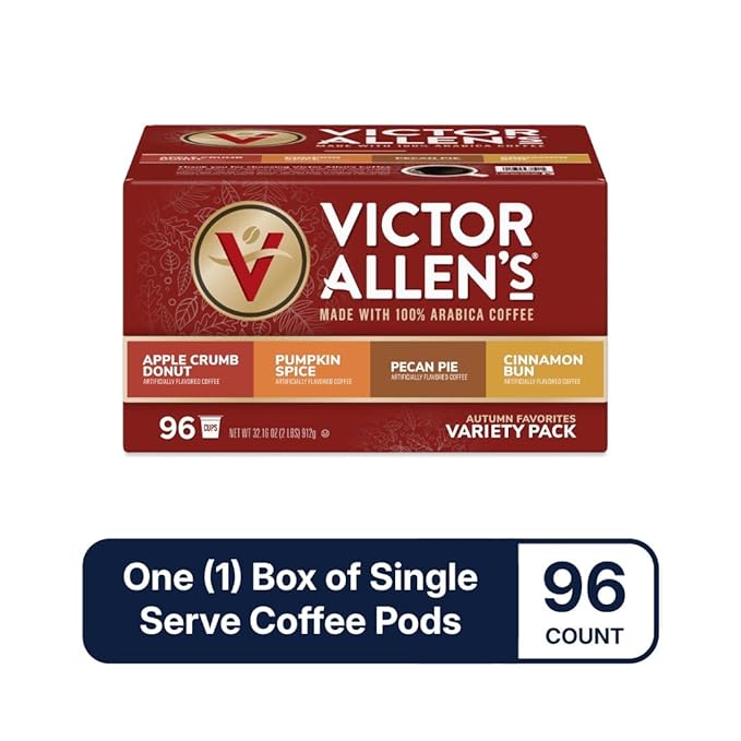 Victor Allen's Coffee Autumn Favorites Coffee Variety Pack (Apple Crumb Donut, Pumpkin Spice, Pecan Pie, Cinnamon Bun), 96 Count, Single Serve Coffee Pods for Keurig K-Cup Brewers