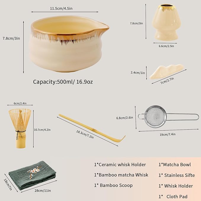 7-Piece Matcha Whisk Set – Yellow Spouted Ceramic Bowl with Golden Texture + Bamboo Whisk, Ceremonial Matcha Kit for Breakfast/Latte, Starter Tea Tools for Matcha Lovers