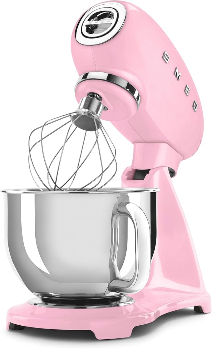 SMEG SMF03 Stand Mixer – 5 Qt Tilt-Head Mixer with Stainless Steel Bowl, 10 Speeds, Retro 50s Vintage Style – Pink