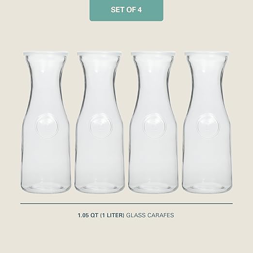 Gibson Home Windchill Set of 4 Large Glass Carafe with Lid, 1 Liter Clear Glass Pitcher, Beverage Serveware Carafe for Mimosa Bar Brunch Cold Water Juice Milk Iced Tea Lemonade - Dishwasher Safe