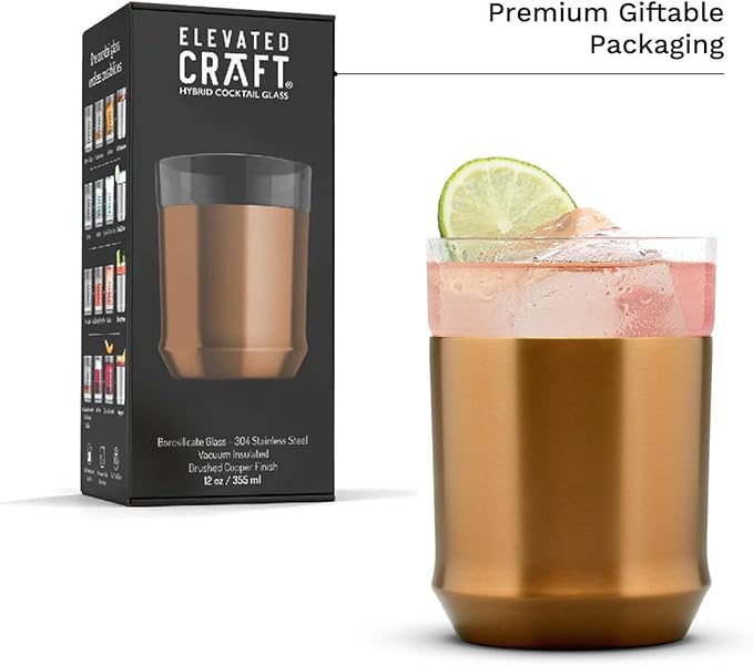 Elevated Craft Hybrid Cocktail Glass Premium Vacuum Insulated Steel Base with Removable Insert - 12oz Rocks Glass, Double Old Fashioned Lowball for Margaritas, Bourbon, Whiskey - Copper