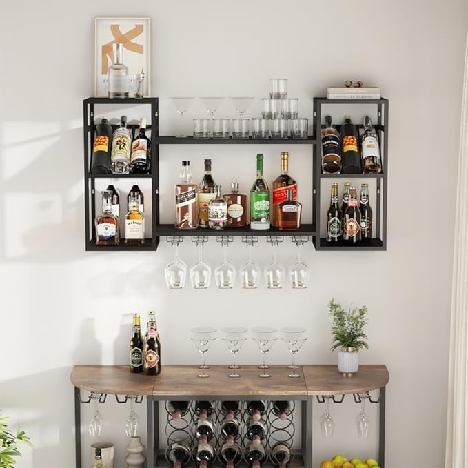 Metal Floating Bar Liquor Shelves 2 Tier, Wall Mounted Wine Rack with Glass Holder Storage, Wall Bar Shelf Wine Display Storage Holder for Kitchen Dining Room Bar (Black)