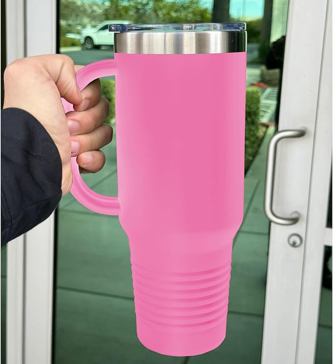 LaserGram 40oz Vacuum Insulated Travel Mug with Handle, Tiki Statue, Personalized Engraving Included (Pink)