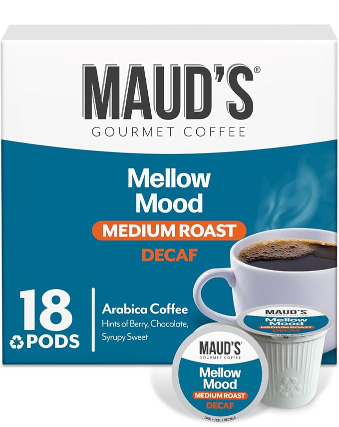 Maud's Decaf Medium Roast Coffee Pods, 18 ct, Decaffeinated Coffee in Recyclable Single Serve Pods – 100% Arabica Coffee, Compatible with Keurig K Cups Maker