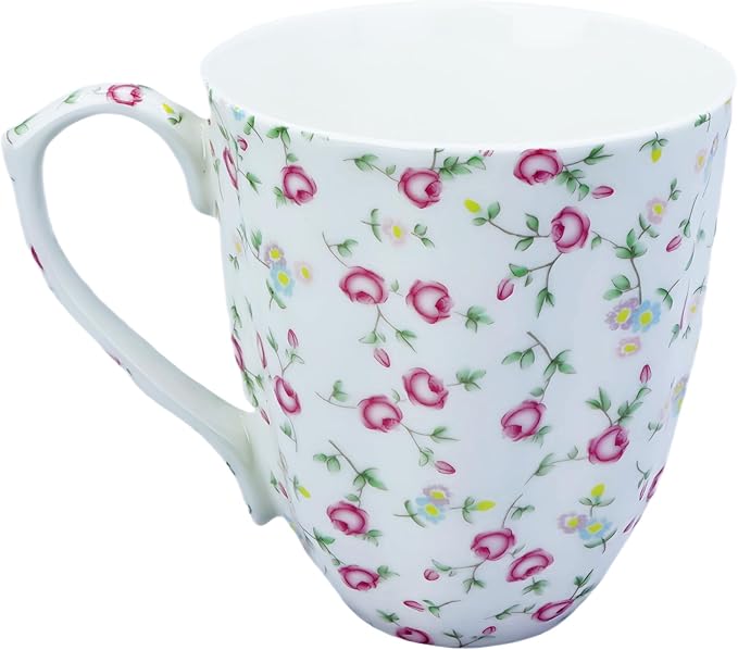 14oz Bone China Coffee Mug Floral Bone Mug Cute Coffee Mug Teacup for Women Mom Friend (small pink rose)