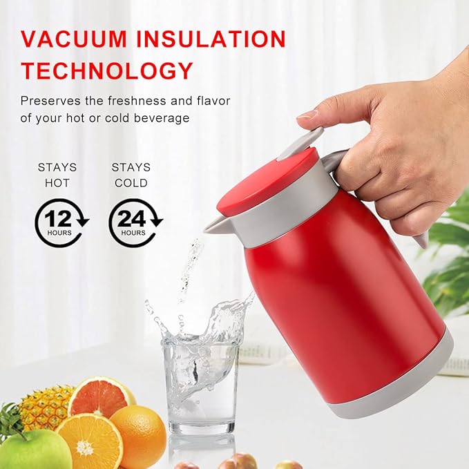 Stainless Steel Thermal Coffee Carafe, Double Walled Vacuum Water and Beverage Dispenser, 12 Hour Heat Retention, 27OZ /800ML (Red)
