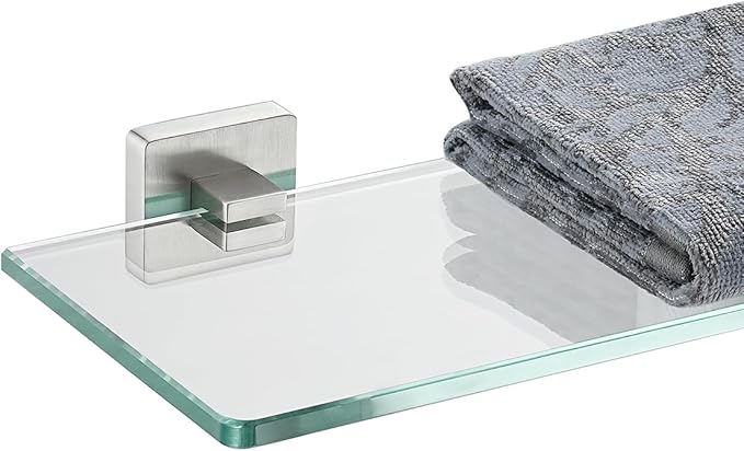 JQK Bathroom Glass Shelf, Floating Tempered Glass Shower Storage 24 by 5 inches, 304 Stainless Steel Brushed Finish Wall Mount, TGS201L24-BN