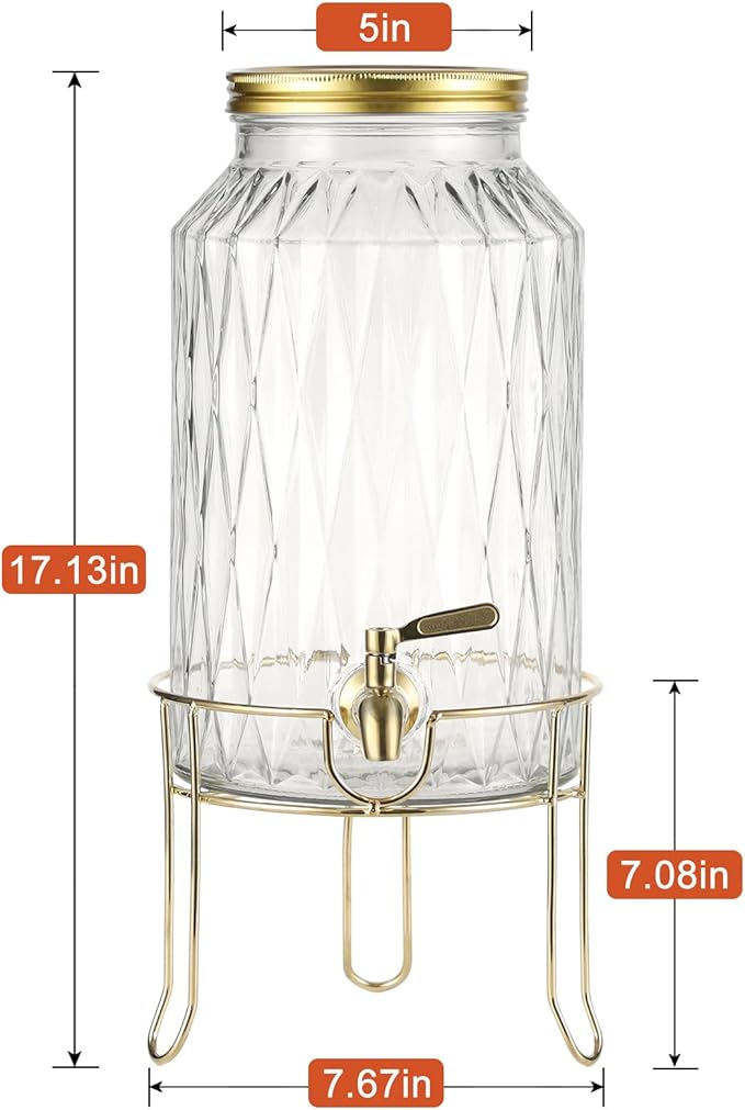 1.5 Gallon Glass Drink Dispenser with Stand – Large Beverage Dispenser with Stainless Steel Spigot, Chalkboard Tags & Marker – Glass Water Dispenser for Fridge, Parties, Weddings and Home Use,Glod