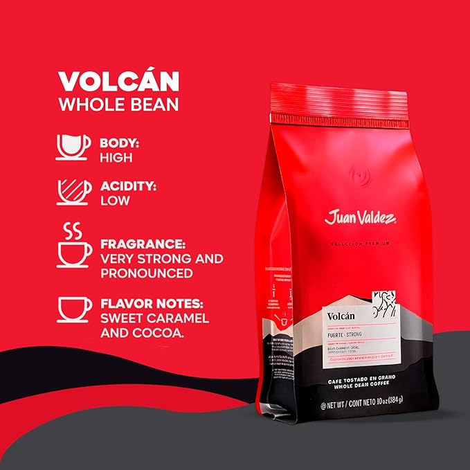 Juan Valdez Volcan Whole Bean Coffee - Dark Roast | 100% Colombian Arabica Beans | 100% Colombian Coffee with Low Acidity and Notes Of Sweet Caramel & Cocoa | 16 oz / 454 gr