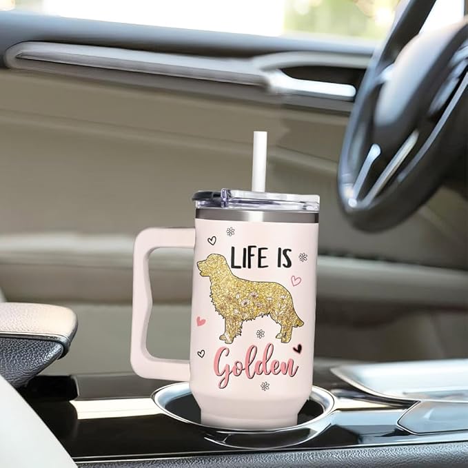 Golden Retriever Gifts for Women - Birthday, Christmas, Mothers Day Gifts for Dog Lovers - Golden Retriever Puppy Essentials for Mom - 40oz Tumbler with Handle and Straw