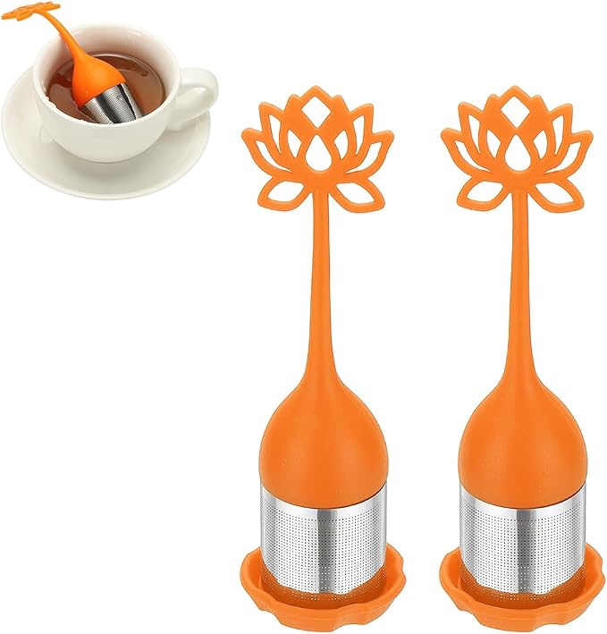 uxcell 2 Pcs Lotus Tea Infuser, Stainless Steel Loose Leaf Tea Steeper Filter with Silicone Handle Reusable Thin Pores Mesh Strainer Diffuser for Teacups Teapots Mugs, Orange