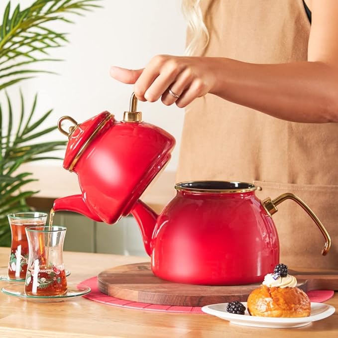 Karaca Retro Turkish Teapot for Stovetop, 1.1L Turkish Tea Pot & 2.3L Kettle, Dishwasher Safe, Induction Tea Pot Set, Vibrant Color Lasting Enamel, Samovar Style, Red