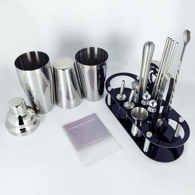17Pcs Cocktail Shaker Set 750ml, 750/600ml Bartending Kit 25oz, 25/20oz Bar Shakers Tools Bartender Kit with Recipe Book Black Stand