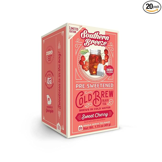 Southern Breeze Cold Brew Sweet Tea Sweet Cherry Iced Tea with Black Tea and Zero Carbs Zero Sugar, 20 Individually Wrapped Tea Bags Southern Sweet Tea Iced Tea Beverage