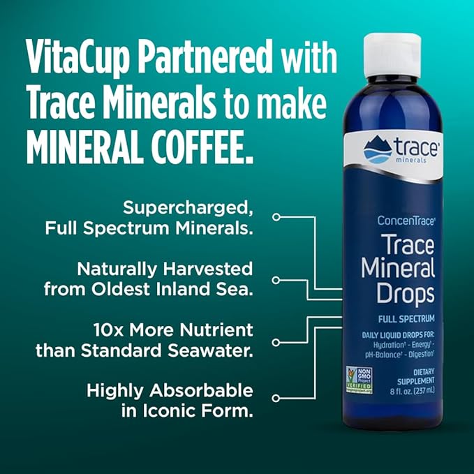 VitaCup Mineral Coffee with Trace Minerals, Hydrate, Replenish & Restore w/All Natural Sea Minerals, Electrolytes, Organic Coffee, Single Origin, Medium Dark Roast, Ground Coffee, 4 Bags 10oz Each