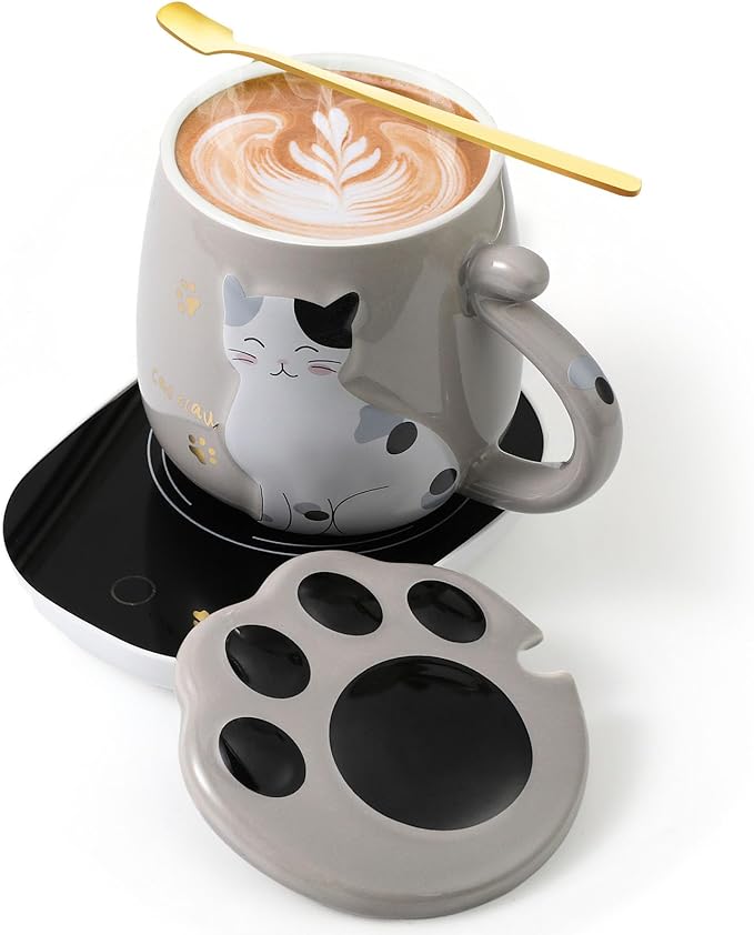 Honeydak Coffee Mug Warmer Cute Cat Mug Set Cup Warmer for Desk for Women Heated Coffee Warmer for Mom Home Office Christmas Birthday Gifts(Gray)