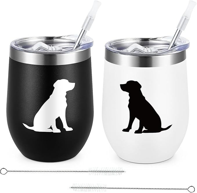 Lifecapido Labrador Retriever Gifts, Labrador Silhouette Stainless Steel Wine Tumbler Set of 2, Black Lab Gifts, Christmas Birthday Gifts for Dog Lovers Friends(12oz, Black&White)