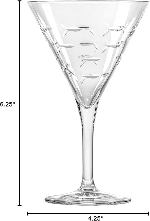Rolf Glass School of Fish Martini Glass | Stemmed 7.5 oz. Martini Glasses | Lead-Free Glass | Diamond-Wheel Engraved Cocktail Glasses | Made in the USA (Set of 2)