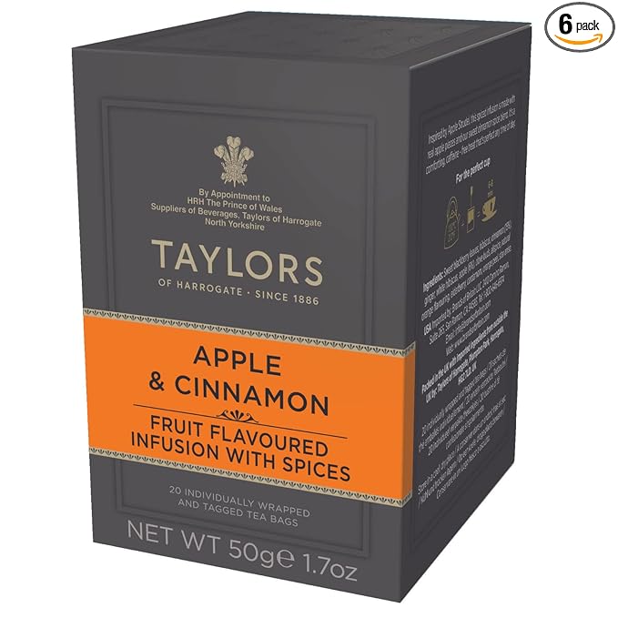 Taylors of Harrogate Apple & Cinnamon, Herbal Tea Individually Wrapped Teabags, 20 Count (Pack of 6), Spiced, Fruity & Sweet, Caffeine-Free, Enjoy Hot or Iced, 120 Teabags Total