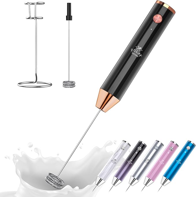 Zulay Kitchen Lux Electric Milk Frother Rechargeable Handheld - Powerful 2-Speed Motor, Waterproof, 2000mAh Battery - Drink Mixer for Latte, Cappuccino, Matcha & Protein Powder - Jet Black Copper