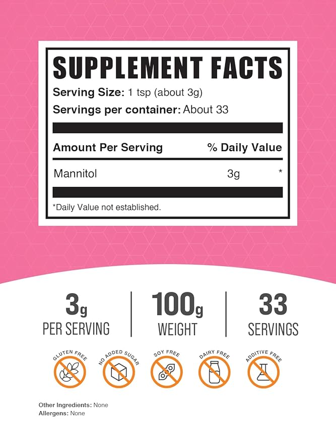 BulkSupplements.com Mannitol Powder - Mannitol Sweetener, Sugar Substitute, Mannitol Supplement, Natural & Gluten Free, 3g per Servings, 100g (3.5 oz) (Pack of 1)