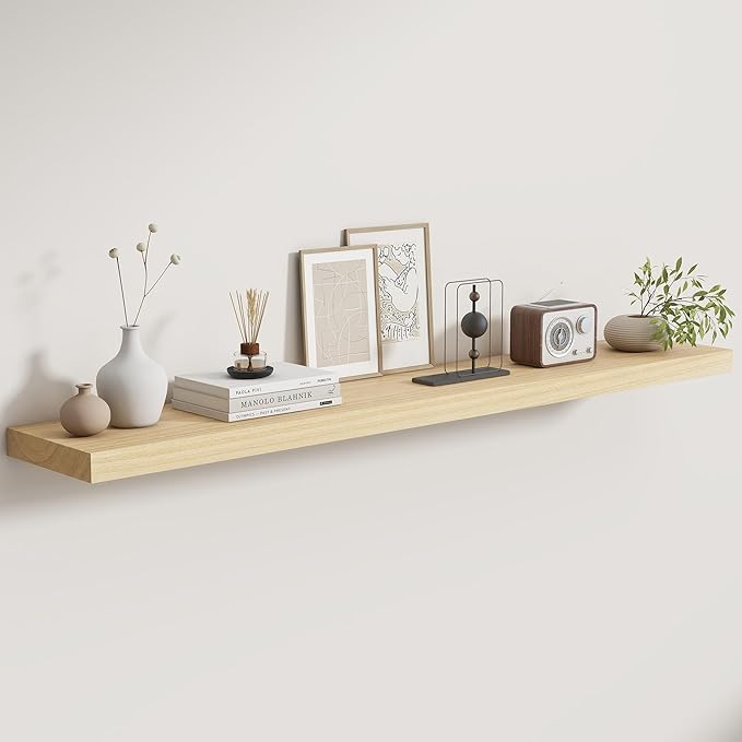 Fun Memories Rustic Real Wood Floating Shelves, 8 Inch Deep Floating Shelf Wall Mounted, 48" W x 8" D Wall Shelves Storage Shelves for Living Room, Bedroom, Bathroom, Burlywood, Set of 1