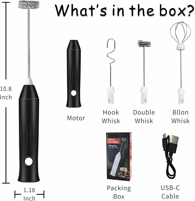 Milk Frother Handheld Rechargeable USB C, 3-in-1 Coffee Frother Wand Drink Mixer Electric Whisk Stirrer with 3 Detachable Stainless Steel Heads, 3 Speed Powder Mixer Foam Maker for Xmas Gift, Black