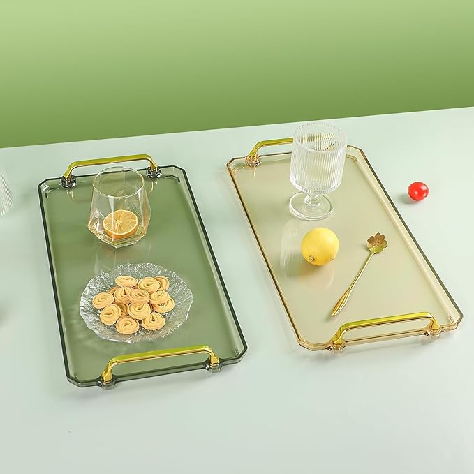 Acrylic Serving Tray with Handles, 16x9 Inch Ottoman Tray, Spill-Proof Coffee Table Tray for Couch, Bedroom & Countertop Decor (Green)