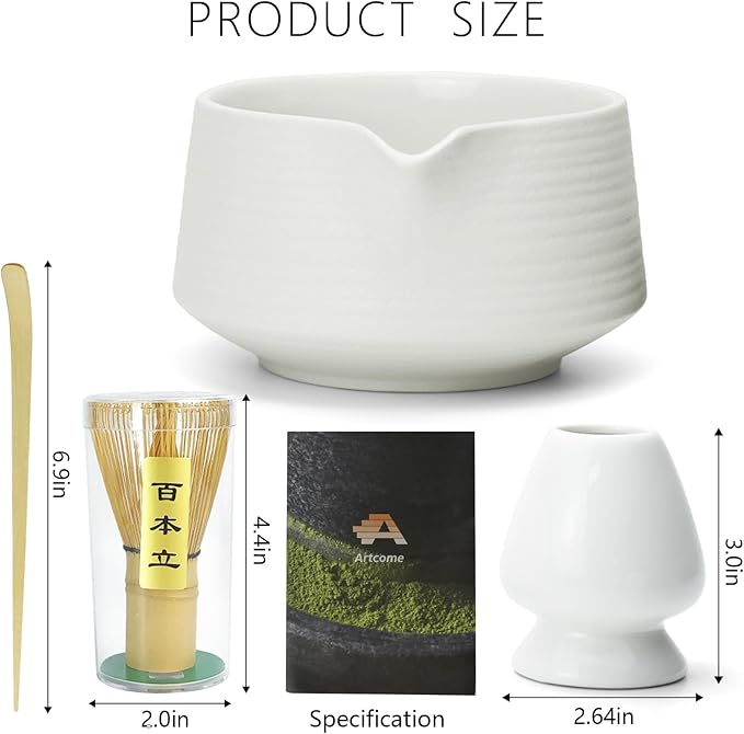Artcome Matcha Tool Set - Complete Kit with Matcha Bowl with Spout, Bamboo Whisk, Tea Scoop & Whisk Holder, Porcelain White