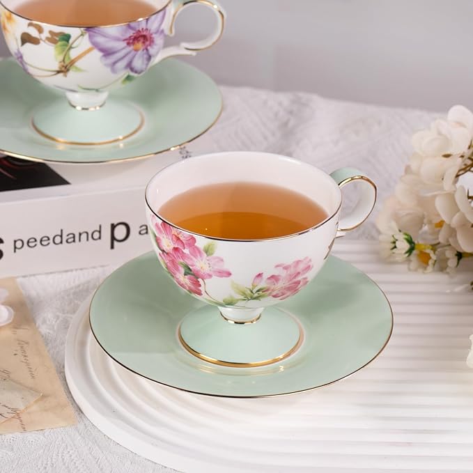 KAMMAK Ceramic Coffee Cups Saucers Set of 2, Porcelain Espresso Cups with Saucers, 7.44 oz Handcrafted Elegant Bone China Tea Cups, Passionflower & Crabapple Blossom Teacup for Party, Women Gift