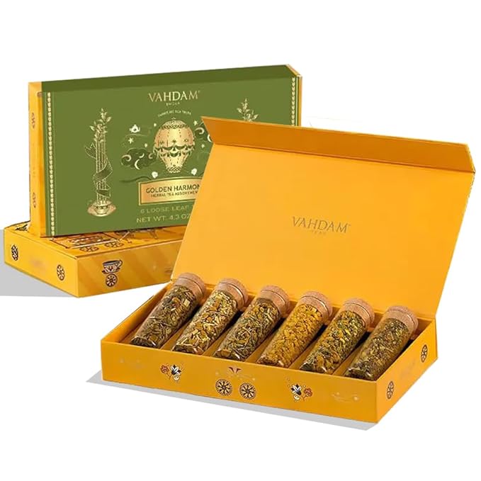 VAHDAM, Limited Edition - Turmeric Herbal Wellness Tea Gift Set - 6 Oprah's Favourite Turmeric Herbal Blends in Gift Box | Gluten Free, Non GMO | Christmas Tea Gifts for Women & Men