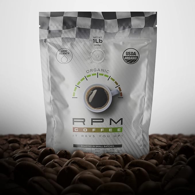 1LB RPM Organic Premium Coffee, Standard Caffeine - Supercharged Flavor, Medium-Dark Roast, 100% Arabica Beans, Low Acidity
