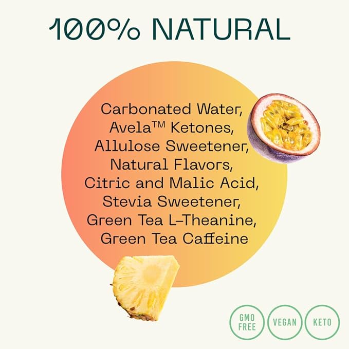 KEY Ketone Drink - Ketones for Energy & Focus, Sugar Free & Low Caffeine from Green Tea with L-Theanine, No Crash or Jitters, All Natural, Lightly Carbonated, Pineapple Passionfruit (Pack of 12)